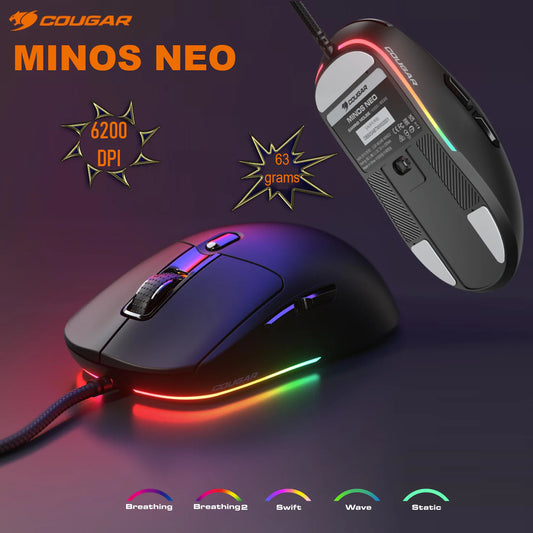 COUGAR Minos Neo Symmetrical Wired Gaming Mouse | PixArt PAW3327 Optical Sensor | 6,200 DPI | 1,000 Hz Polling Rate | Ultra-Lightweight 63g | RGB Lighting | Omron 30M Switches | BLACK
