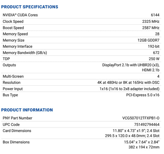 PNY GeForce RTX 5070 OC 12GB GDDR7 Overclocked GPU With Triple Fan Cooling & Stealth Mode , DLSS 4, Ray Tracing, PCIe 5.0, 6144 CUDA , 2587 MHz Boost, Blackwell Architecture, 4K/8K Ready, Metal Backplate, 250W TDP | BLACK | 1 YEAR WARRANTY