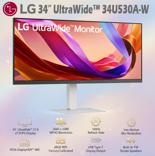 LG 34 Inch UltraWide FHD IPS Gaming Monitor With 21:9 Display, 2560×1080 Resolution, 100Hz Refresh Rate, 1ms MBR, DisplayHDR 400, USB Type-C Connectivity, Adjustable Stand | WHITE ~ 34U530A-W