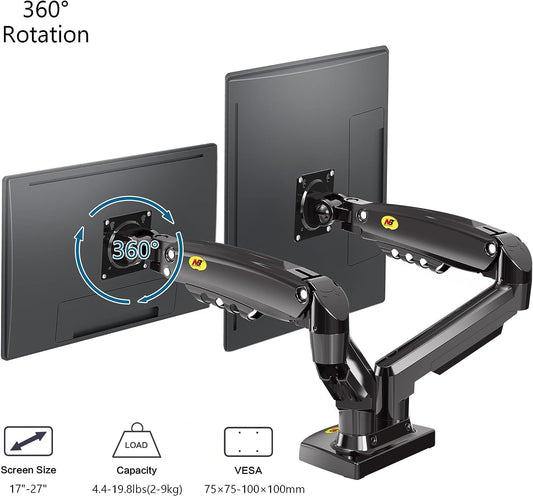 Dual Monitor Desk Mount Stand Gas Spring 360 Degree Full Rotation ; Computer Monitor Arm For Two Screens 17″ – 27″ Inch With 2~9 Kg Load Capacity For Each Display ; F160
