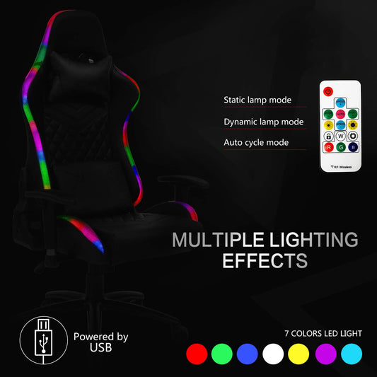 GEATIX UT-B918 High-Back Ergonomic Gaming Chair With RGB LED Lights, Headrest, Lumbar Support, Height Adjustable Swivel Recliner Chair – BLACK