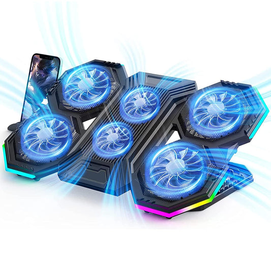 Laptop Cooling Pad, Gaming Laptop Cooling Stand with RGB Light, 6 Quiet Cooling Fans, 6 Height Adjustable and Dual USB Ports for 11 to 15.6 Inch Laptops , Extra iPad/Phone Stand