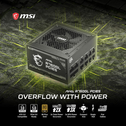 MSI MAG A750GL PCIE 5 & ATX 3.0 Gaming Power Supply – Full Modular – 80 Plus Gold Certified 750W -Supports NVIDIA® GeForce RTX 40 Series Graphics Cards – Black