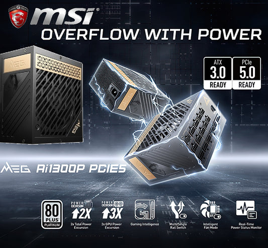 MSI – MEG Ai1300P PCIE 5.0 1300W Power Supply, 80 Plus PLATINUM Full Modular Gaming PSU, 12VHPWR Cable, Supports Nvidia® GeForce RTXTM 40 Series Graphics Cards & ATX 3.0