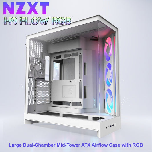 NZXT H9 Flow RGB Large Dual-Chamber Mid-Tower ATX Airflow BLACK Case With Mesh Panels, 10-Fan Support, 420mm Radiator Space, 435mm GPU Clearance, And Back-Connect Ready