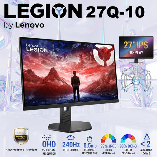 Lenovo Legion 27Q-10 27-inch IPS QHD 240Hz Gaming Monitor , 0.5ms MPRT, FreeSync Premium, G-SYNC Compatible, 99% sRGB , HDR10 Compliance , Tilt – Swivel – Height Adjustable | 68C6GAC4EU