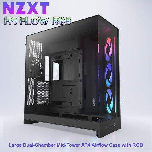 NZXT H9 Flow RGB Large Dual-Chamber Mid-Tower ATX Airflow BLACK Case With Mesh Panels, 10-Fan Support, 420mm Radiator Space, 435mm GPU Clearance, And Back-Connect Ready