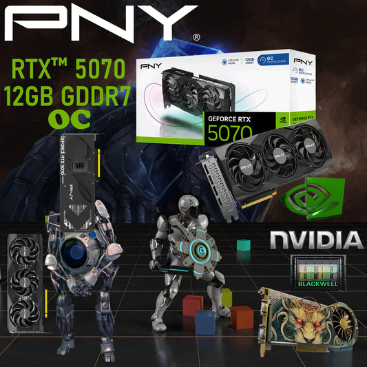 PNY GeForce RTX 5070 OC 12GB GDDR7 Overclocked GPU With Triple Fan Cooling & Stealth Mode , DLSS 4, Ray Tracing, PCIe 5.0, 6144 CUDA , 2587 MHz Boost, Blackwell Architecture, 4K/8K Ready, Metal Backplate, 250W TDP | BLACK | 1 YEAR WARRANTY