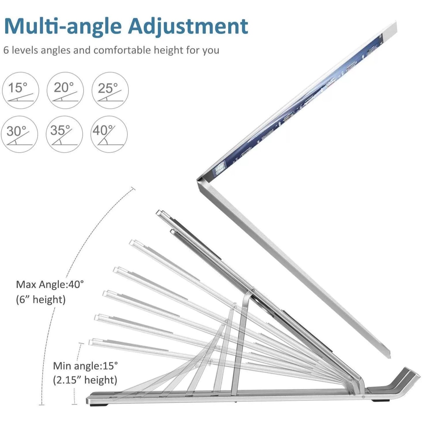 Ultra Compact Laptop Riser Stand | 6 Levels Of Height Adjustable Portable Laptop Holder For Desk | Aluminum Foldable Laptop Riser, Compatible With ALL Laptops Up To 17.3 Inch Size | Silver