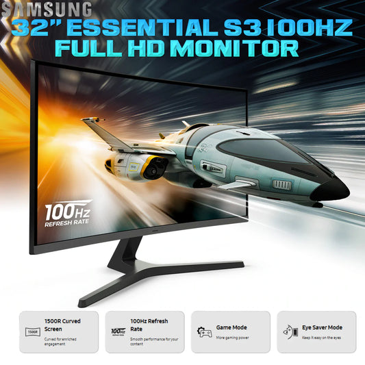 Samsung 32″ Essential S3 Curved Full HD Monitor With 1500R VA Panel, 100Hz Refresh Rate 4ms (GTG), Game Mode, Eye Saver, HDMI, D-Sub, Tilt Stand, TÜV Certified Comfort