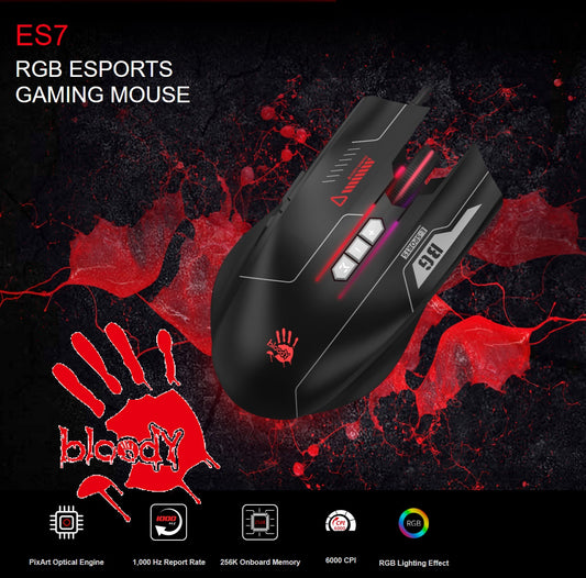 bloody ES7 RGB ESPORTS GAMING MOUSE , 6000 CPI 5-Level Adjustable , Self-Customize M Button , Bloody Esports Software , 1ms Key Response , PixArt Optical Engine Sensor – BLACK