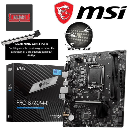 MSI PRO B760M-E DDR5 Motherboard, Micro-ATX – Supports Intel 12th & 13th Gen Core Processors, LGA 1700 – DDR5 Memory Boost 5600MHz, PCIe 4.0 X16 Slot, M.2 Gen4 Slot