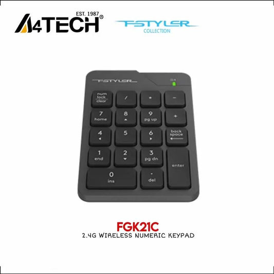 A4TECH FSTYLER FGK21C 2.4G Wireless Numeric Keypad Rechargeable Number Pad – Auto-Channel Sort – USB Type-C Charging Cable -18 Low-Profile Keys -Windows 7/8/8.1/10/11