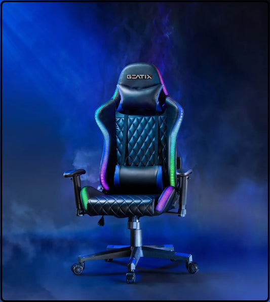 GEATIX UT-B918 High-Back Ergonomic Gaming Chair With RGB LED Lights, Headrest, Lumbar Support, Height Adjustable Swivel Recliner Chair – BLACK