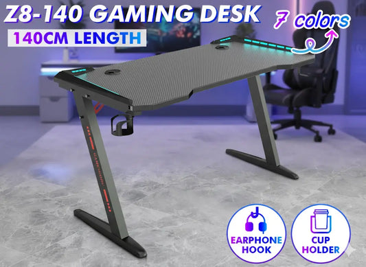 Z8-140 Z-Shaped RGB Gaming Desk – 140×60×73 cm Carbon-Fibre Surface, Dual Cable Grommets, Cup & Headphone Holders, Steel Frame Stability, Customizable RGB Edge Lighting
