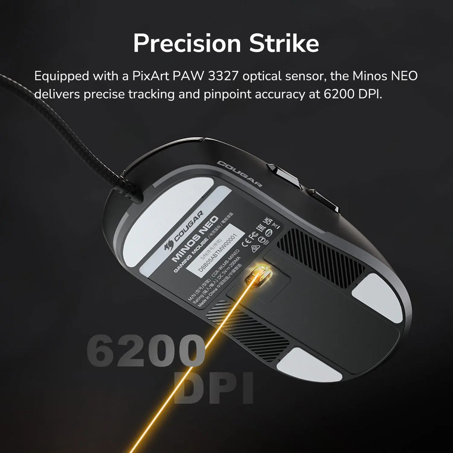 COUGAR Minos Neo Symmetrical Wired Gaming Mouse | PixArt PAW3327 Optical Sensor | 6,200 DPI | 1,000 Hz Polling Rate | Ultra-Lightweight 63g | RGB Lighting | Omron 30M Switches | BLACK