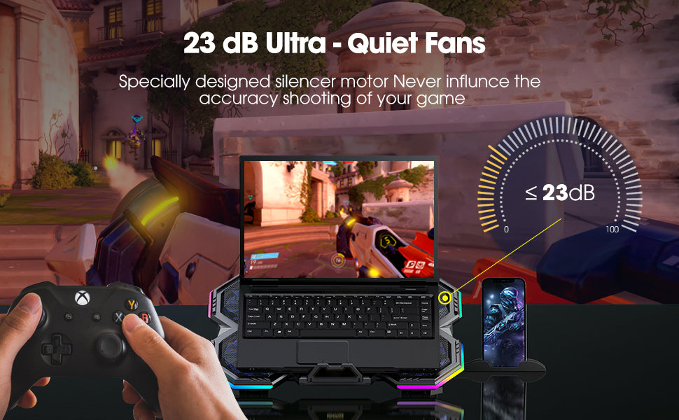 Laptop Cooling Pad, Gaming Laptop Cooling Stand with RGB Light, 6 Quiet Cooling Fans, 6 Height Adjustable and Dual USB Ports for 11 to 15.6 Inch Laptops ,  Extra iPad/Phone Stand