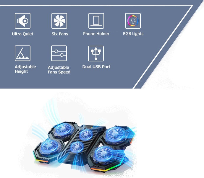 Laptop Cooling Pad, Gaming Laptop Cooling Stand with RGB Light, 6 Quiet Cooling Fans, 6 Height Adjustable and Dual USB Ports for 11 to 15.6 Inch Laptops ,  Extra iPad/Phone Stand