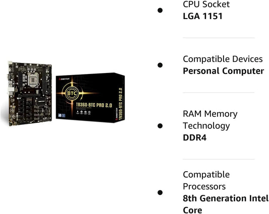Biostar TB360-BTC PRO 2.0 Motherboard Core I7 I5 I3 Intel 8th 9th Gen LGA1151 Intel B360 Support Dual Channel DDR4 1866/ 2133/ 2400/ 2666 MHz, 12 GPU Mining Motherboard Upgraded Model