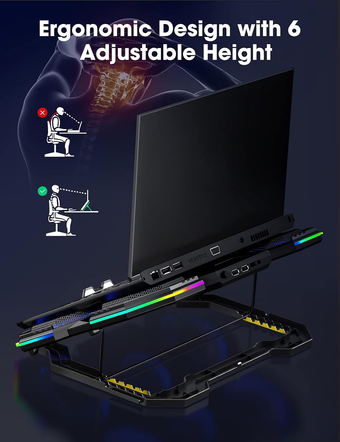 Laptop Cooling Pad, Gaming Laptop Cooling Stand with RGB Light, 6 Quiet Cooling Fans, 6 Height Adjustable and Dual USB Ports for 11 to 15.6 Inch Laptops ,  Extra iPad/Phone Stand