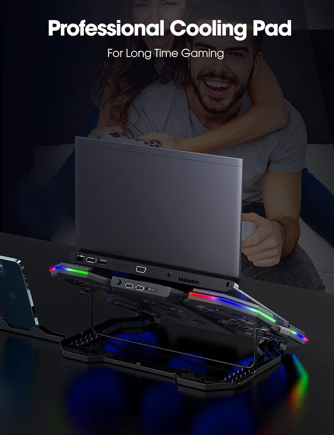Laptop Cooling Pad, Gaming Laptop Cooling Stand with RGB Light, 6 Quiet Cooling Fans, 6 Height Adjustable and Dual USB Ports for 11 to 15.6 Inch Laptops ,  Extra iPad/Phone Stand