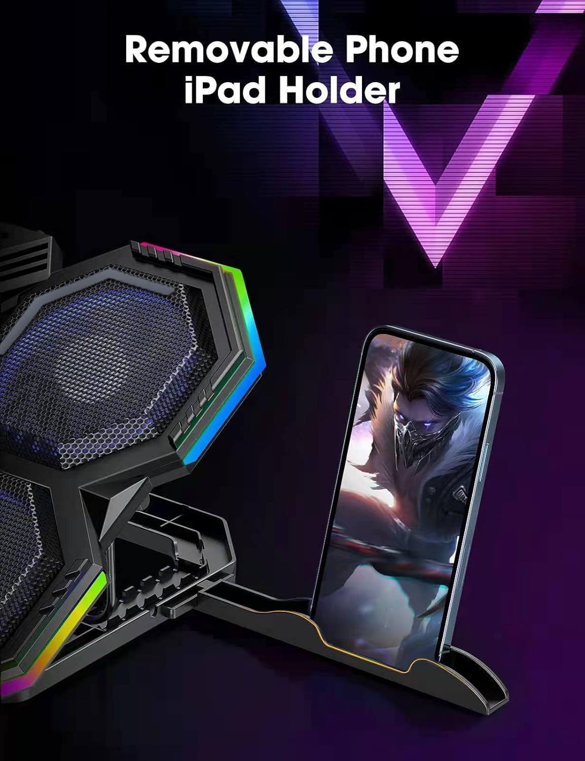 Laptop Cooling Pad, Gaming Laptop Cooling Stand with RGB Light, 6 Quiet Cooling Fans, 6 Height Adjustable and Dual USB Ports for 11 to 15.6 Inch Laptops ,  Extra iPad/Phone Stand