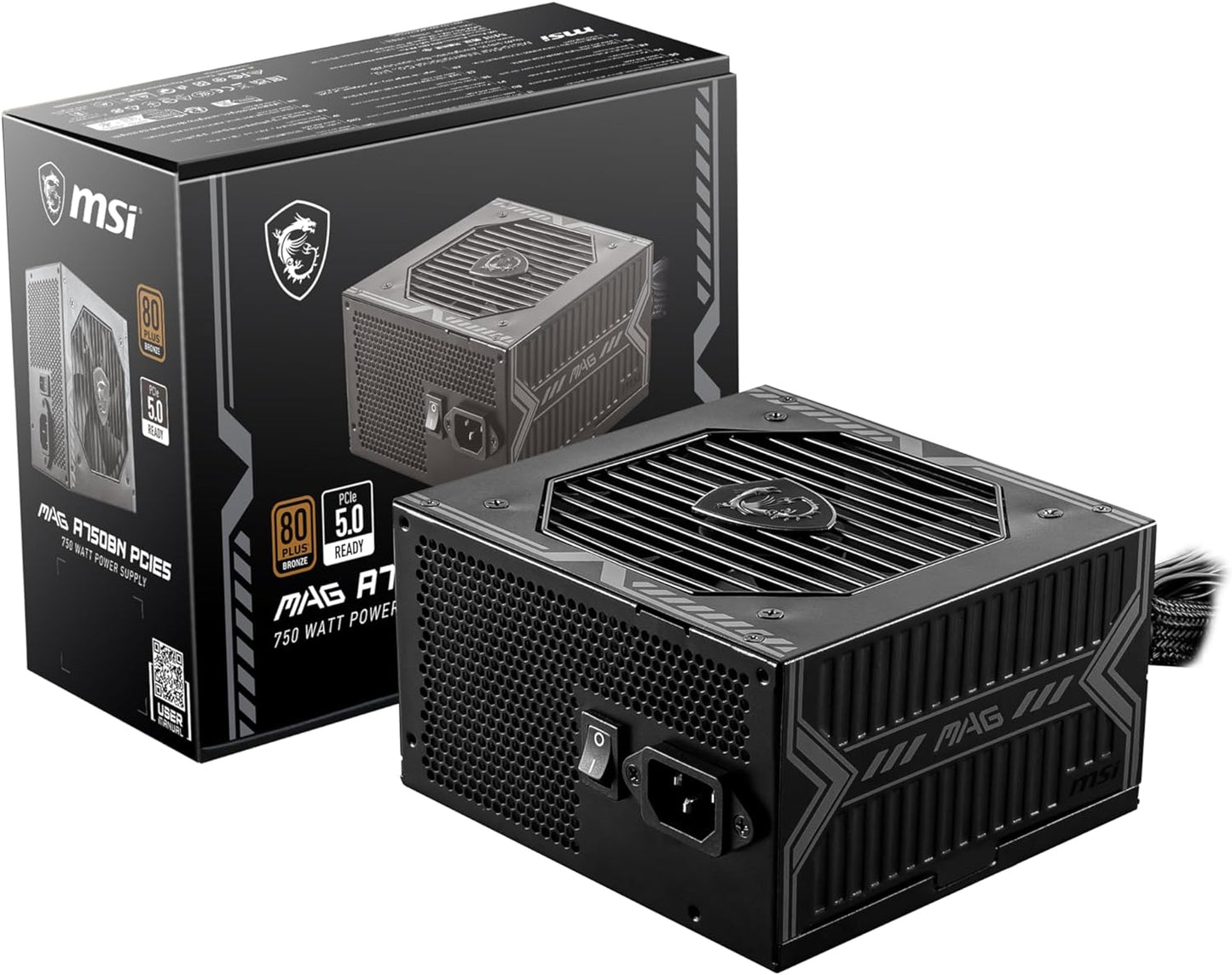 MSI MAG A750BN PCIE 5 Gaming Power Supply – PCIE 5.0 Ready – 80 Plus Bronze Certified 750w – 120mm Fan – Active PFC DC To DC Power Design  – ATX PSU – BLACK