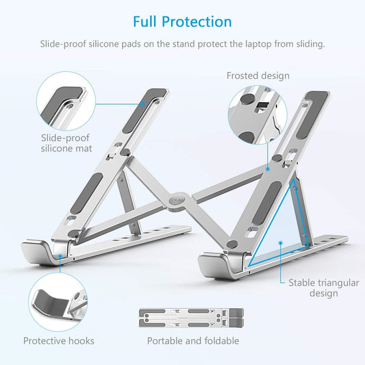 Ultra Compact Laptop Riser Stand | 6 Levels Of Height Adjustable Portable Laptop Holder For Desk | Aluminum Foldable Laptop Riser, Compatible With  ALL Laptops Up To 17.3 Inch Size | Silver