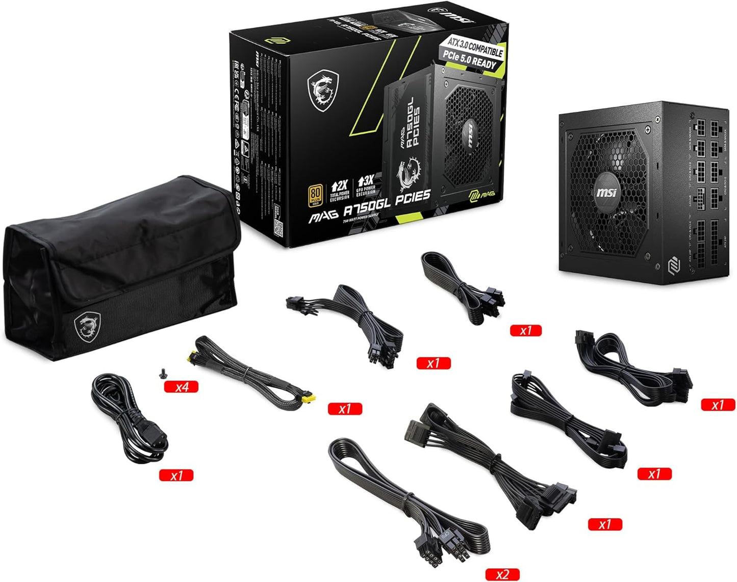 MSI MAG A750GL PCIE 5 & ATX 3.0 Gaming Power Supply – Full Modular – 80 Plus Gold Certified 750W -Supports NVIDIA® GeForce RTX 40 Series Graphics Cards –  Black