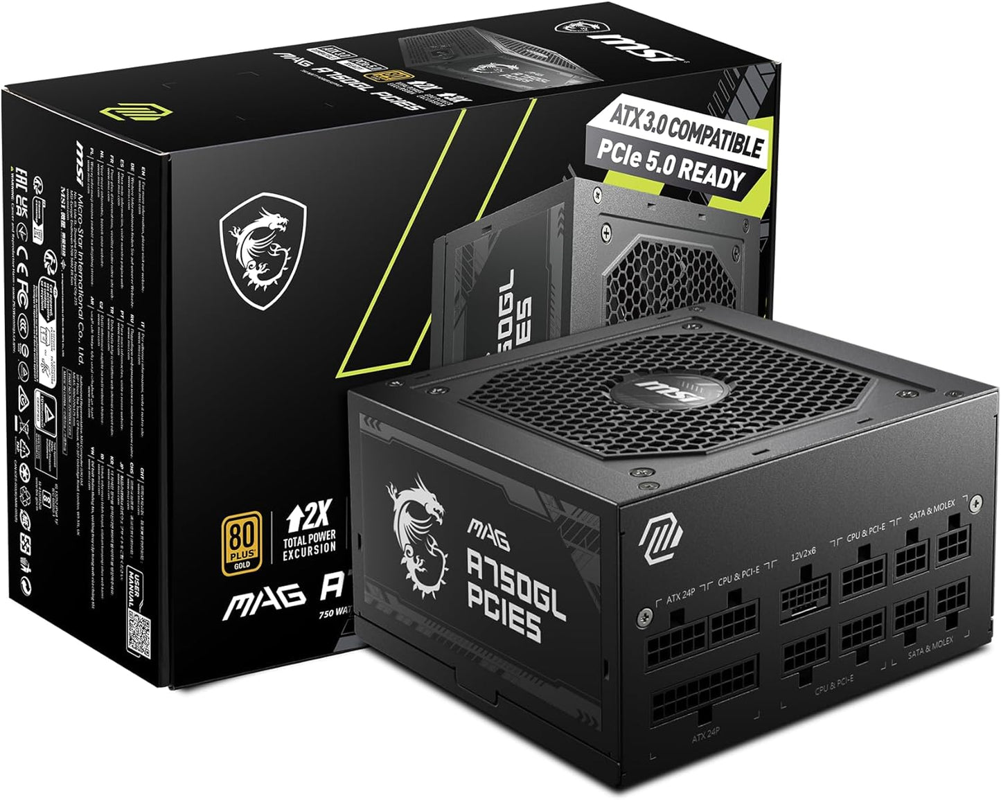 MSI MAG A750GL PCIE 5 & ATX 3.0 Gaming Power Supply – Full Modular – 80 Plus Gold Certified 750W -Supports NVIDIA® GeForce RTX 40 Series Graphics Cards –  Black