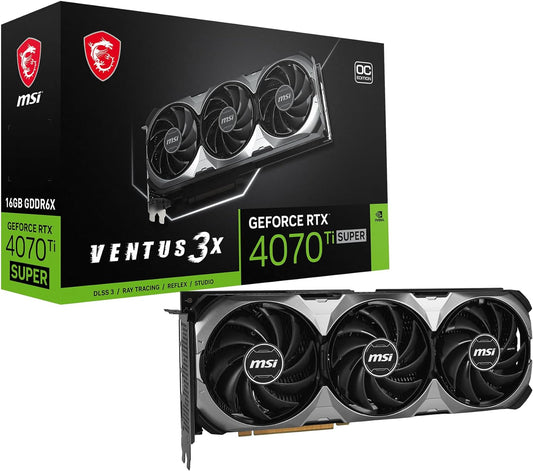 MSI GeForce RTX 4070 Ti SUPER VENTUS 3X OC Graphics Card, 16GB GDDR6X 256-Bit Memory, 2640 MHz Boost Clock, 21Gbps Mmeory Speed, 8448 CUDA, PCI E Gen 4, DPx 3 / HDMI X 1 | 912-V513-627