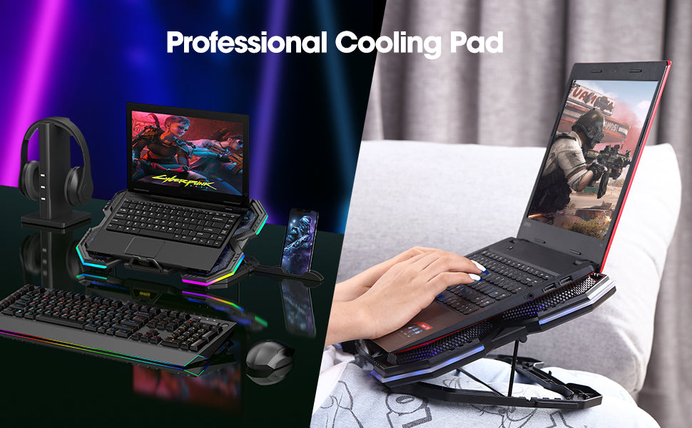 Laptop Cooling Pad, Gaming Laptop Cooling Stand with RGB Light, 6 Quiet Cooling Fans, 6 Height Adjustable and Dual USB Ports for 11 to 15.6 Inch Laptops ,  Extra iPad/Phone Stand