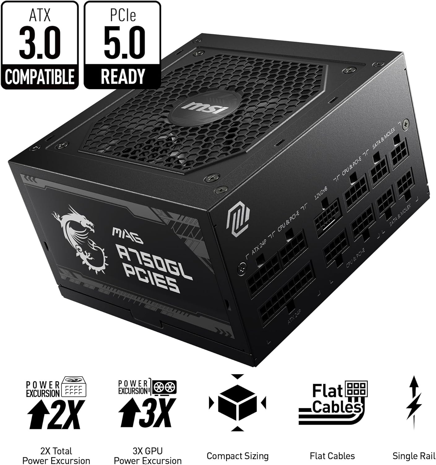MSI MAG A750GL PCIE 5 & ATX 3.0 Gaming Power Supply – Full Modular – 80 Plus Gold Certified 750W -Supports NVIDIA® GeForce RTX 40 Series Graphics Cards –  Black