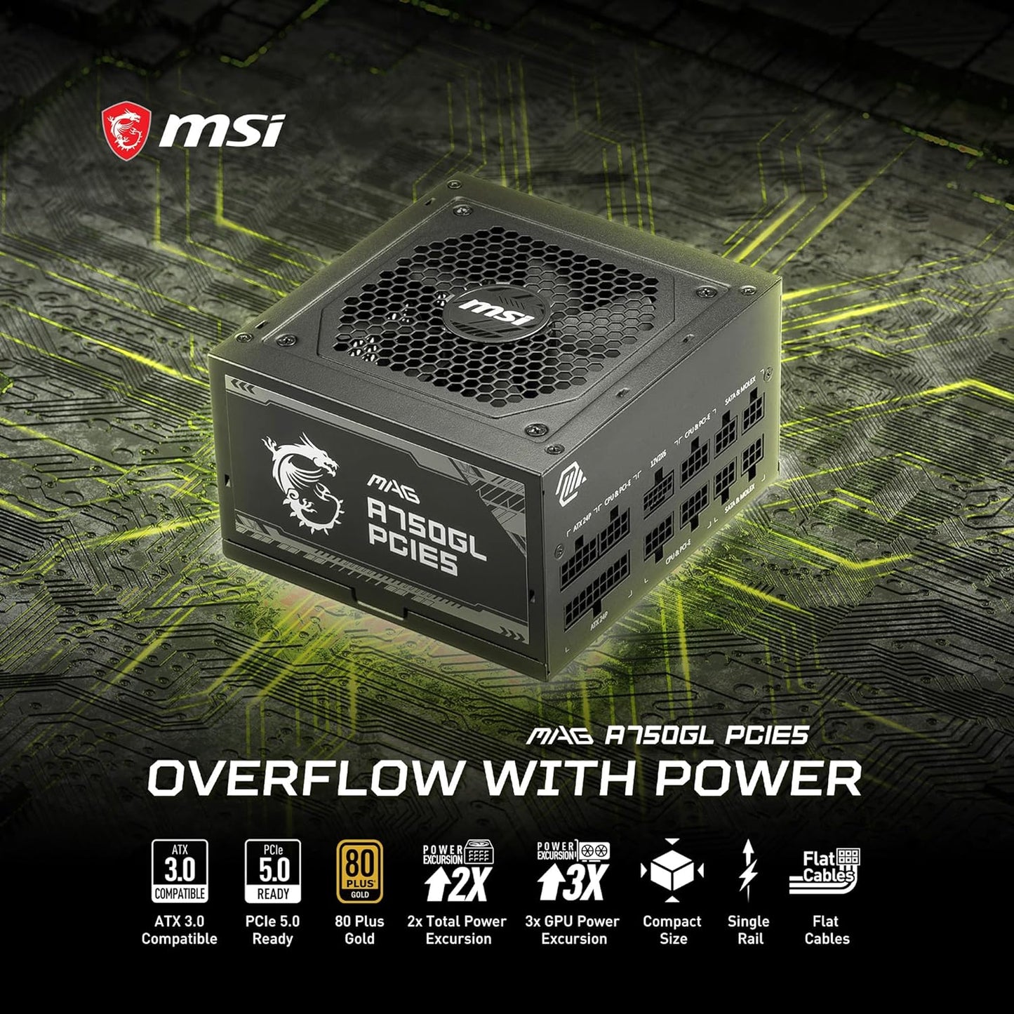 MSI MAG A750GL PCIE 5 & ATX 3.0 Gaming Power Supply – Full Modular – 80 Plus Gold Certified 750W -Supports NVIDIA® GeForce RTX 40 Series Graphics Cards –  Black