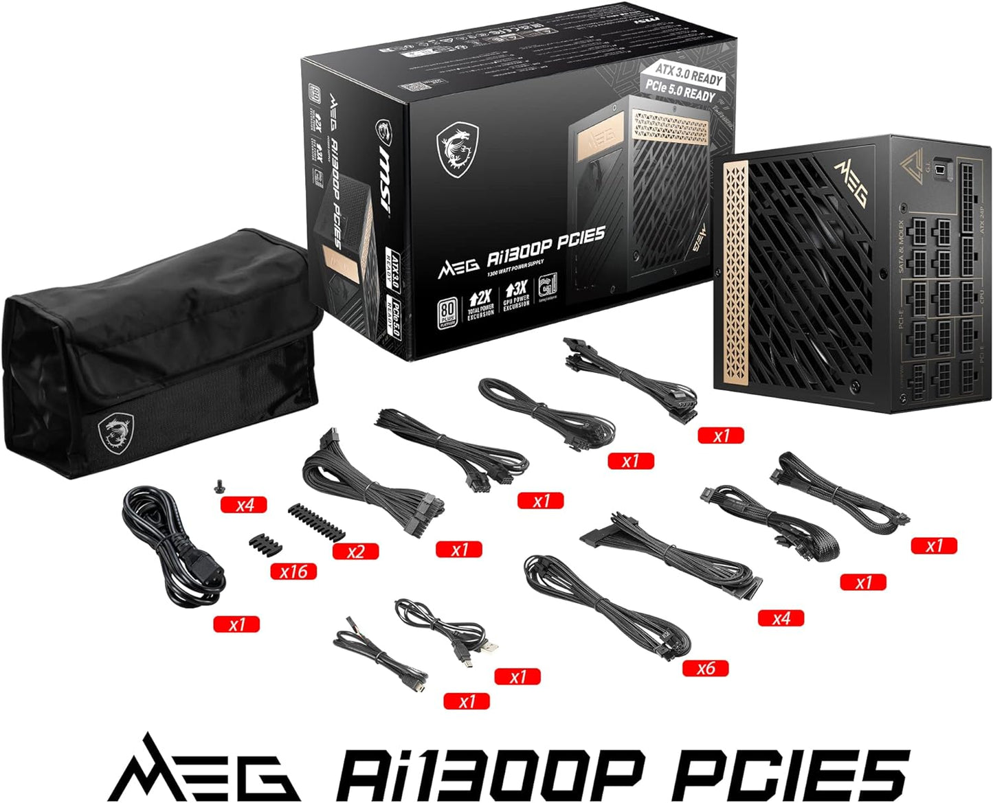 MSI – MEG Ai1300P PCIE 5.0 1300W Power Supply, 80 Plus PLATINUM Full Modular Gaming PSU, 12VHPWR Cable, Supports Nvidia® GeForce RTXTM 40 Series Graphics Cards & ATX 3.0