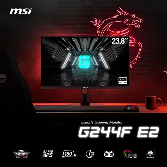 MSI G244F E2 23.8” FHD (1920 X 1080) 180Hz 1ms 16:9 HDR Ready IPS Gaming Monitor ,  Non-Glare With Super Narrow Bezel  HDMI/DP G-Sync Compatible ,Black