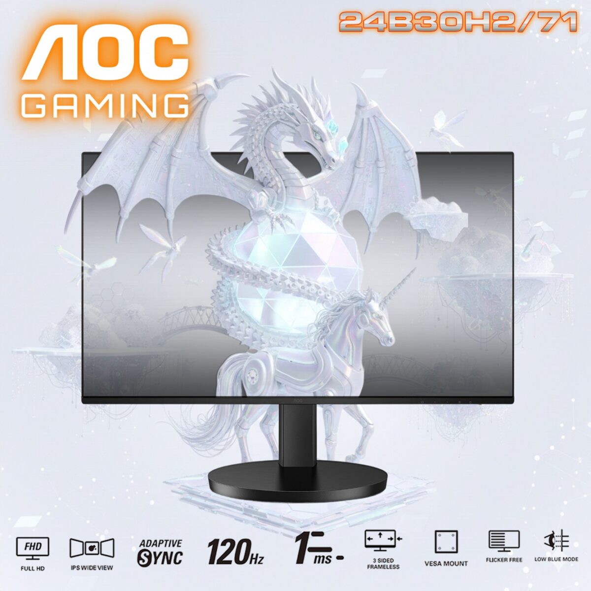 AOC  23.8-Inch Full HD IPS Monitor With 120Hz Refresh Rate, 1ms MPRT, Adaptive-Sync, HDMI 1.4, Low Blue Mode, And 3-Sided Frameless Design | 24B30H2/71