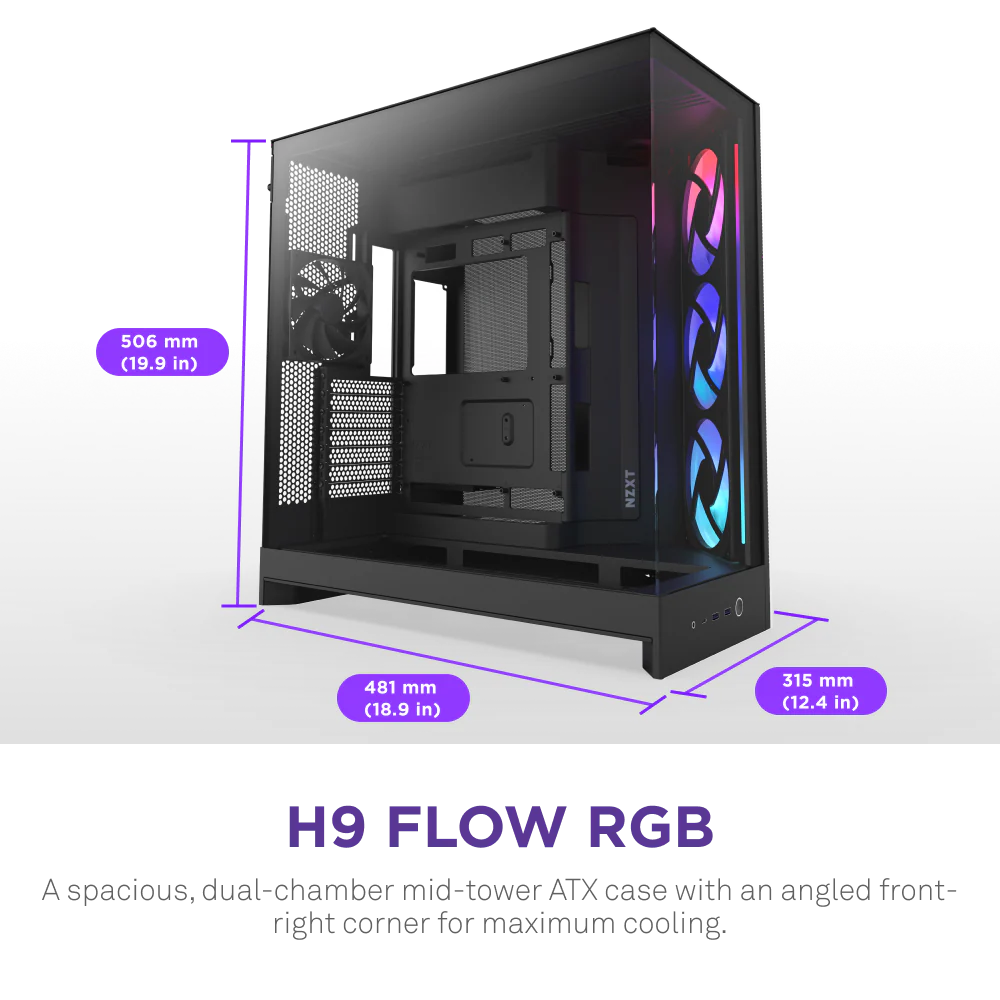 NZXT H9 Flow RGB Large Dual-Chamber Mid-Tower ATX Airflow BLACK Case With Mesh Panels, 10-Fan Support, 420mm Radiator Space, 435mm GPU Clearance, And Back-Connect Ready