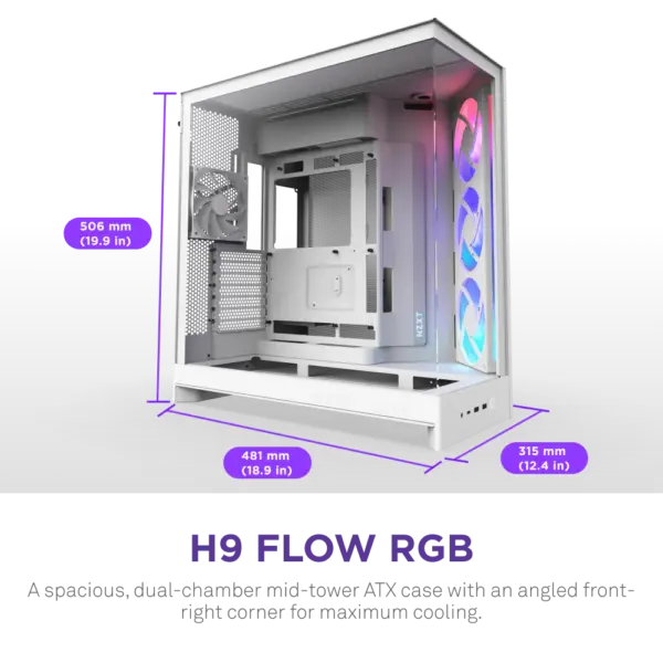 NZXT H9 Flow RGB Large Dual-Chamber Mid-Tower ATX Airflow BLACK Case With Mesh Panels, 10-Fan Support, 420mm Radiator Space, 435mm GPU Clearance, And Back-Connect Ready