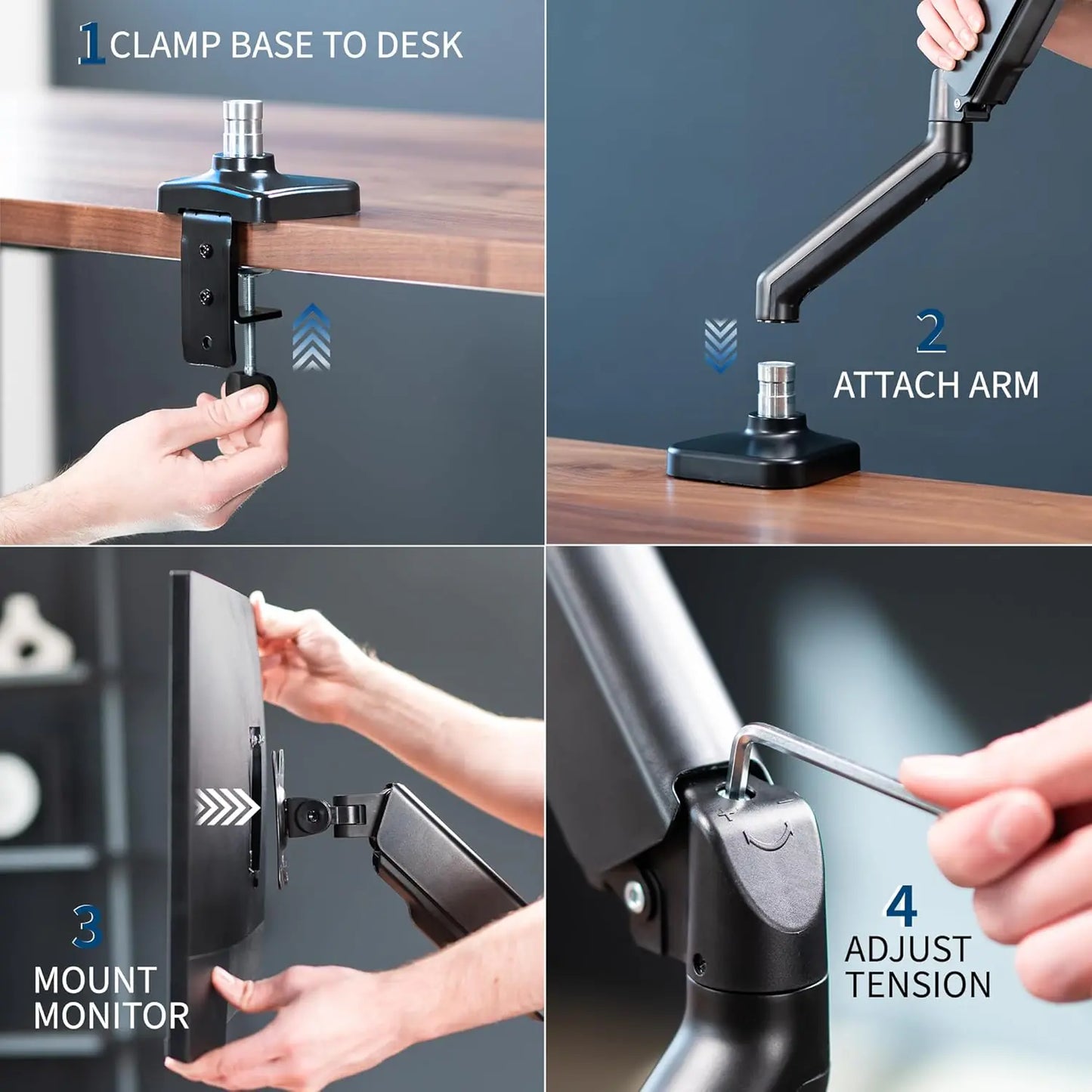 Micron TV Desk Stand 13″-27″ – Mechanical Arm Monitor Mount With USB 2.0 & Audio Port, 2-6.5kg Load, Height Adjustable, VESA 100×100, C-Clamp | Black MCR-MSE01