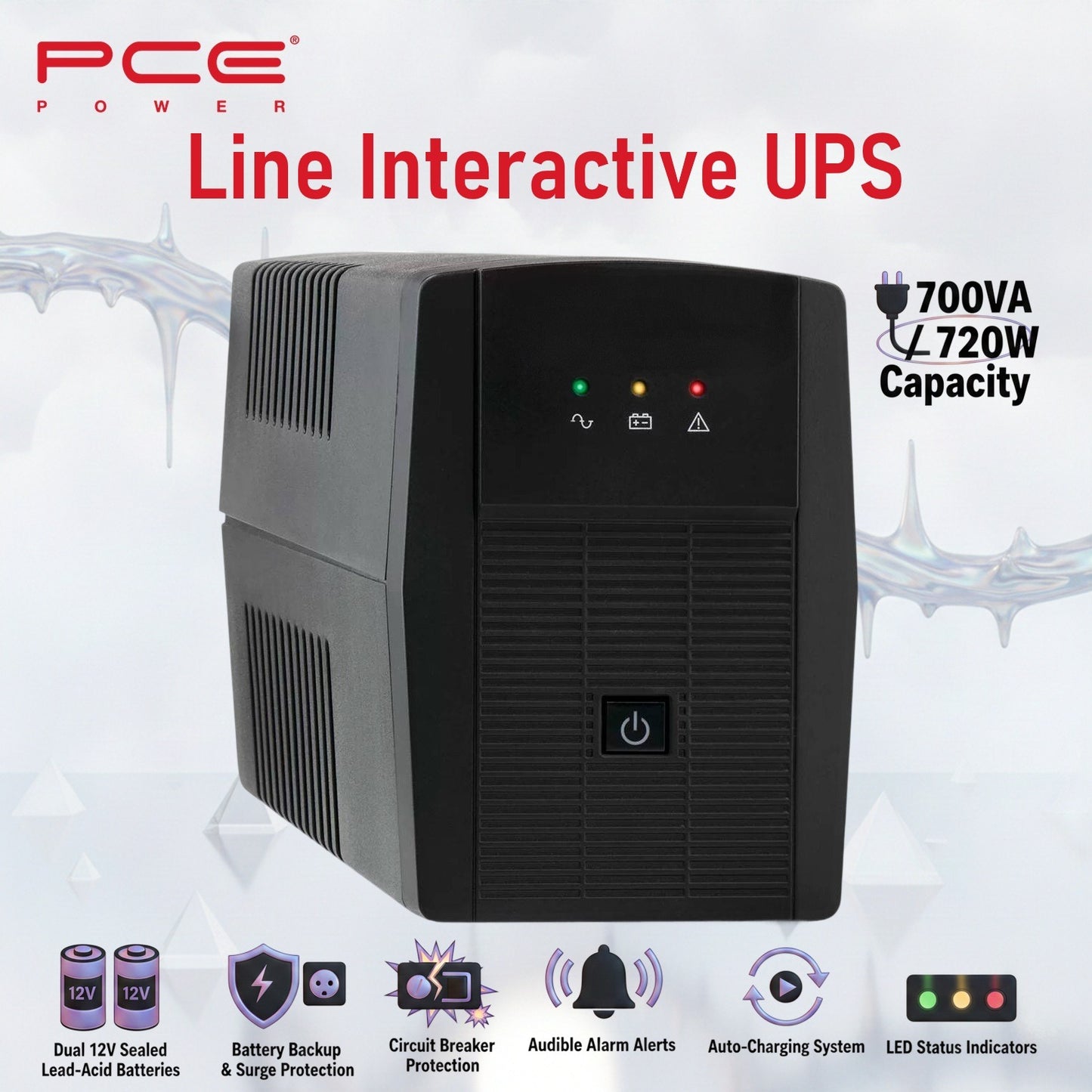 PCE V8 1700VA 720W Line Interactive UPS : Battery Backup & Surge Protection,  Dual 12V Sealed Lead-Acid Batteries,  LED Indicators, Auto Restart , Surge Protection