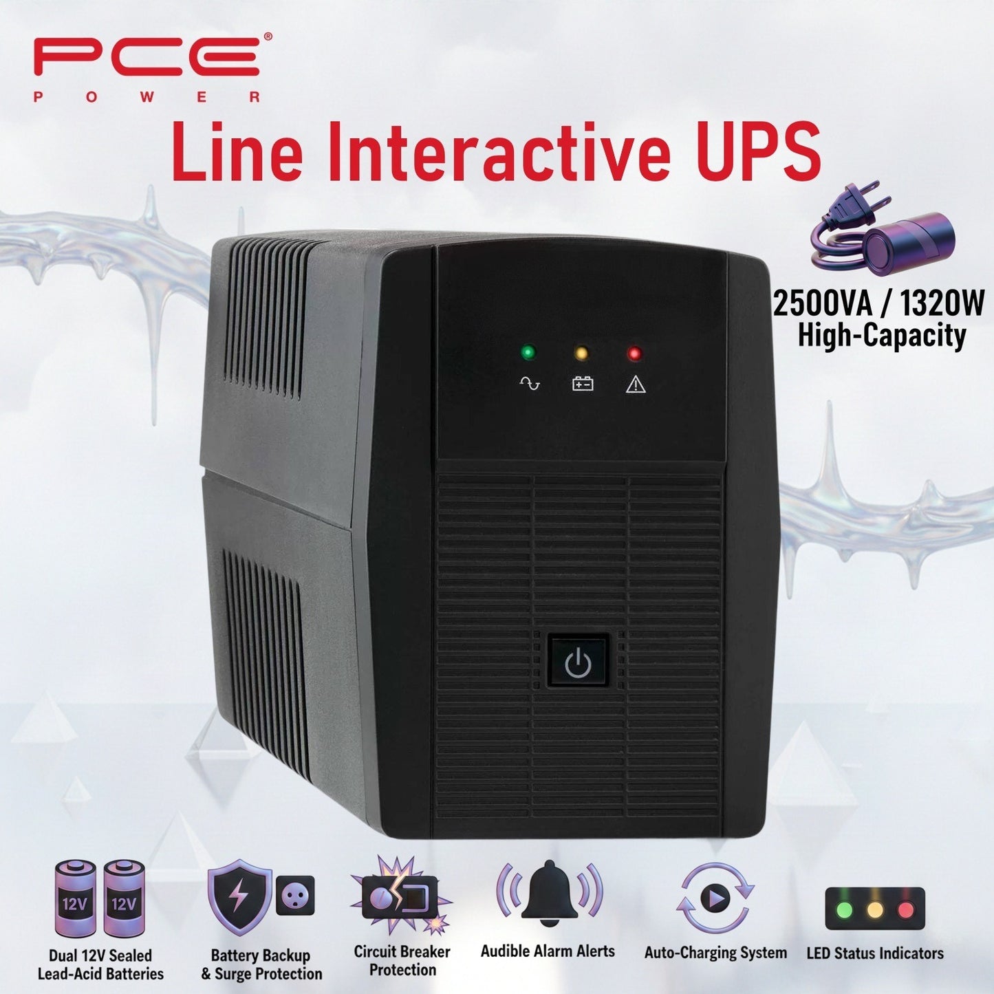 PCE V8 2500VA 1320W Line Interactive UPS : Battery Backup & Surge Protection,  Dual 12V Sealed Lead-Acid Batteries,  LED Indicators, Auto Restart , Surge Protection