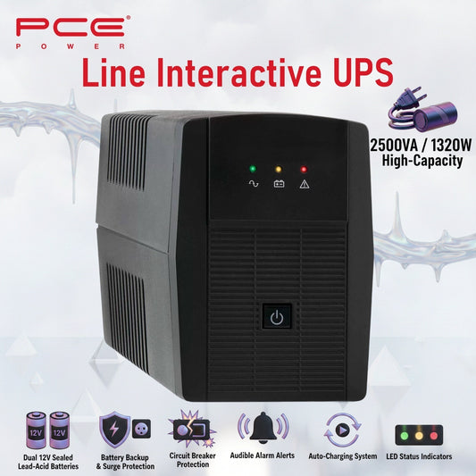 PCE V8 2500VA 1320W Line Interactive UPS : Battery Backup & Surge Protection,  Dual 12V Sealed Lead-Acid Batteries,  LED Indicators, Auto Restart , Surge Protection