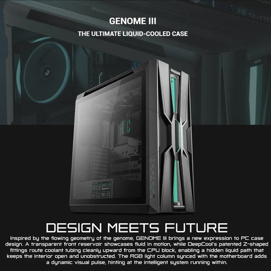 DeepCool GENOME III Full-Tower PC Case With Integrated 420mm AIO Liquid Cooling, 5.5-Inch LCD Screen, E-ATX Support, Anti-Leak Reservoir & Premium RGB Design
