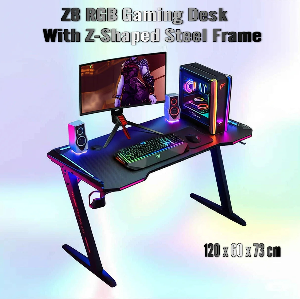 Z8 RGB Gaming Desk  With Z-Shaped Steel Frame, 120CM Carbon Fiber Surface, 4+3 LED Colors, Headset Hook, Cup Holder, ABS Armor, Anti-Pressure Feet – Black & Red