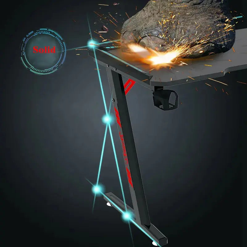 Z8 RGB Gaming Desk  With Z-Shaped Steel Frame, 120CM Carbon Fiber Surface, 4+3 LED Colors, Headset Hook, Cup Holder, ABS Armor, Anti-Pressure Feet – Black & Red