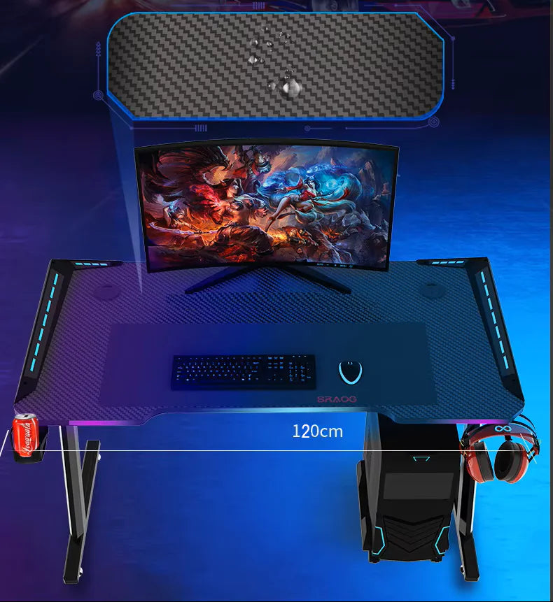 Z8 RGB Gaming Desk  With Z-Shaped Steel Frame, 120CM Carbon Fiber Surface, 4+3 LED Colors, Headset Hook, Cup Holder, ABS Armor, Anti-Pressure Feet – Black & Red