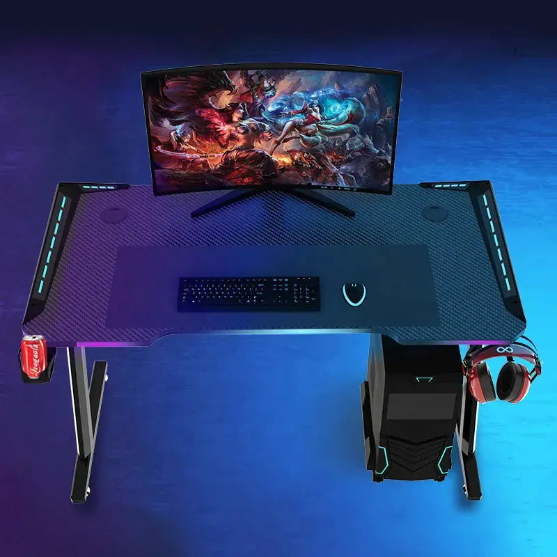 Z8 RGB Gaming Desk  With Z-Shaped Steel Frame, 120CM Carbon Fiber Surface, 4+3 LED Colors, Headset Hook, Cup Holder, ABS Armor, Anti-Pressure Feet – Black & Red