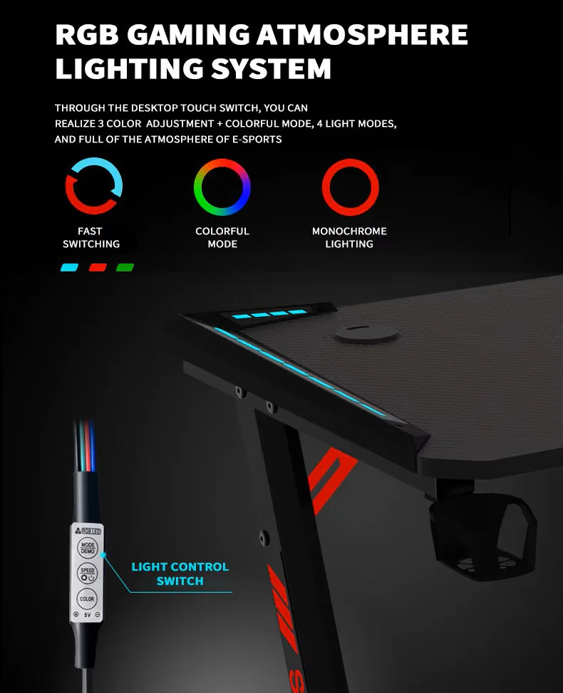 Z8 RGB Gaming Desk  With Z-Shaped Steel Frame, 120CM Carbon Fiber Surface, 4+3 LED Colors, Headset Hook, Cup Holder, ABS Armor, Anti-Pressure Feet – Black & Red