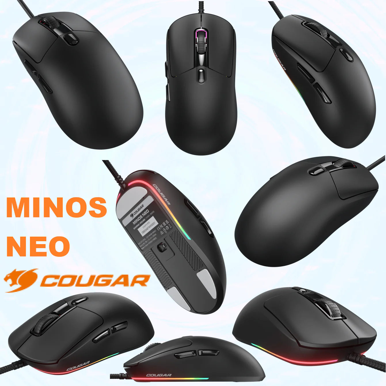 COUGAR Minos Neo Symmetrical Wired Gaming Mouse | PixArt PAW3327 Optical Sensor | 6,200 DPI | 1,000 Hz Polling Rate | Ultra-Lightweight 63g | RGB Lighting | Omron 30M Switches | BLACK